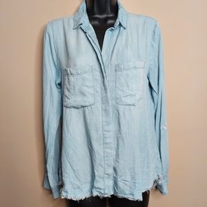Harper raw hem button up split back shirt
